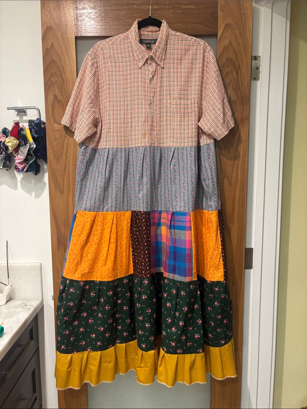 Handmade Patchwork Maxi Dress Orange, Green & Gray